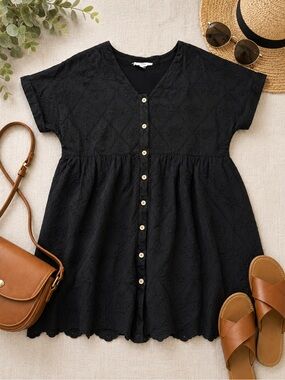 Entro Black Eyelet Embroidered Babydoll Button Front Dress Size Large